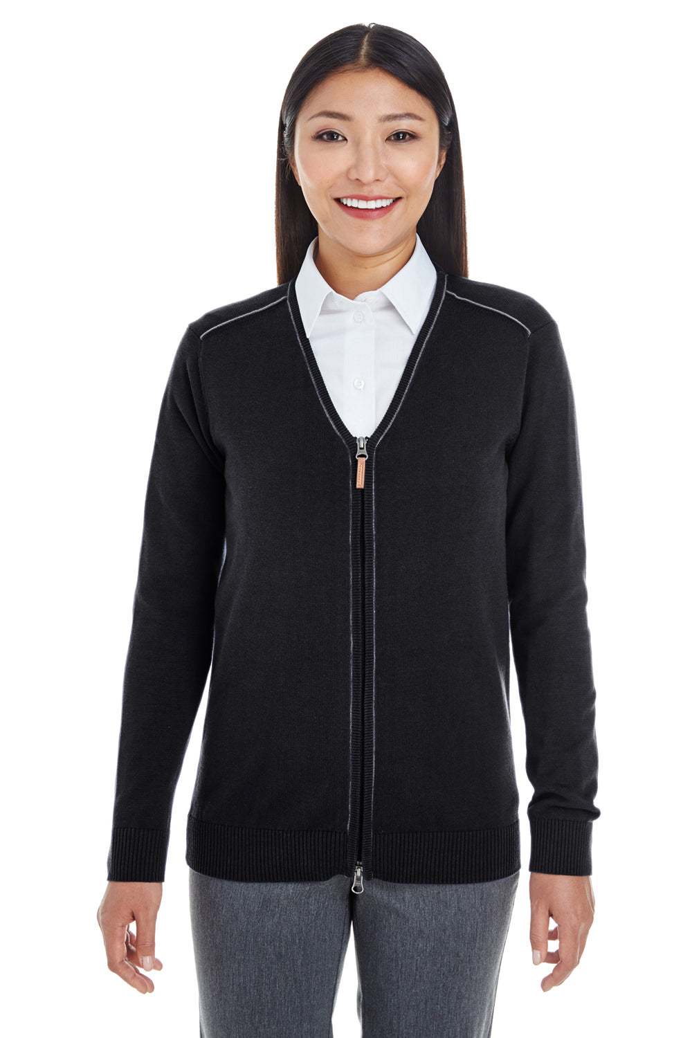 Devon & Jones DG478W Womens Manchester Jersey Full Zip Sweater Black Model Front