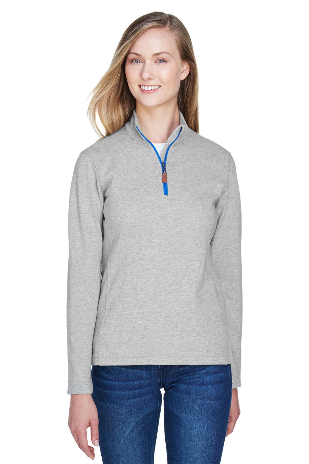 Devon & Jones DG479W Womens DryTec20 Performance Moisture Wicking 1/4 Zip Sweatshirt Heather Grey Model Front