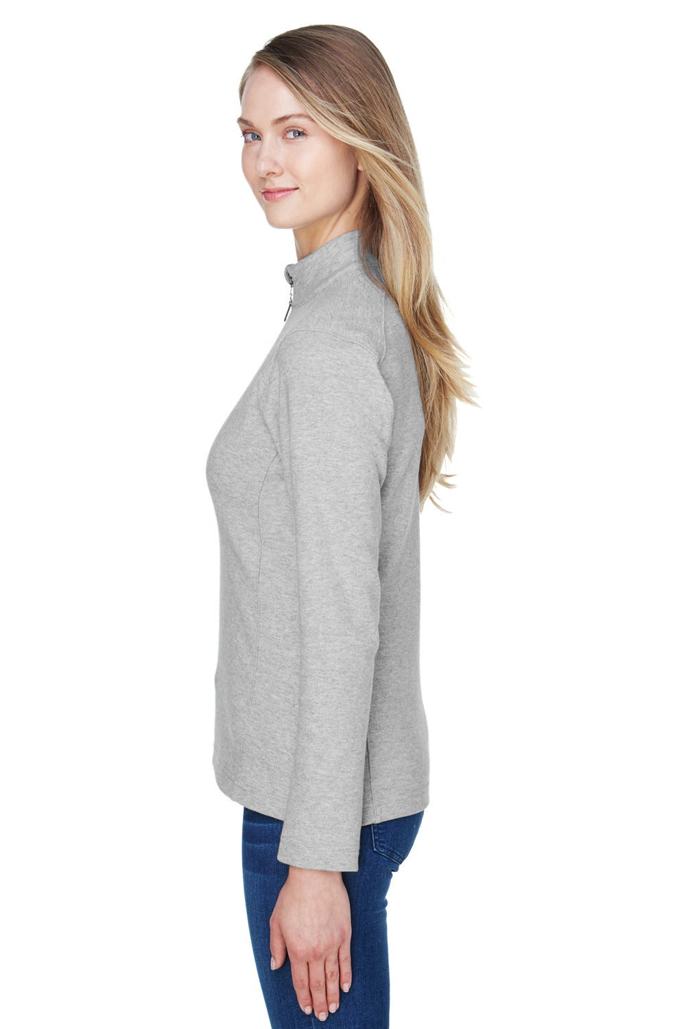 Devon & Jones DG479W Womens DryTec20 Performance Moisture Wicking 1/4 Zip Sweatshirt Heather Grey Model Side