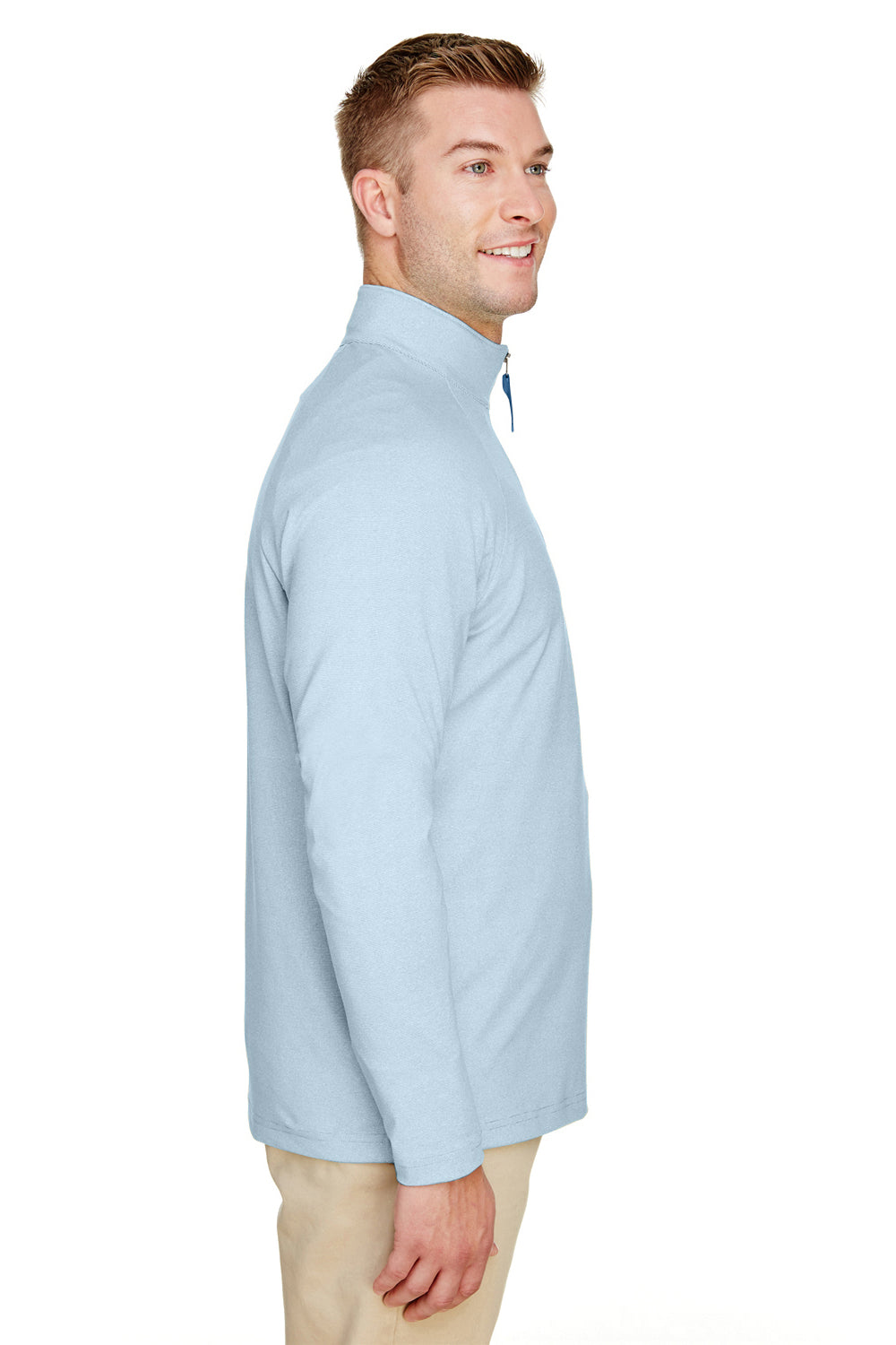 Devon & Jones DG480 Mens CrownLux Clubhouse Performance Moisture Wicking 1/4 Zip Sweatshirt Ocean Blue Model Side