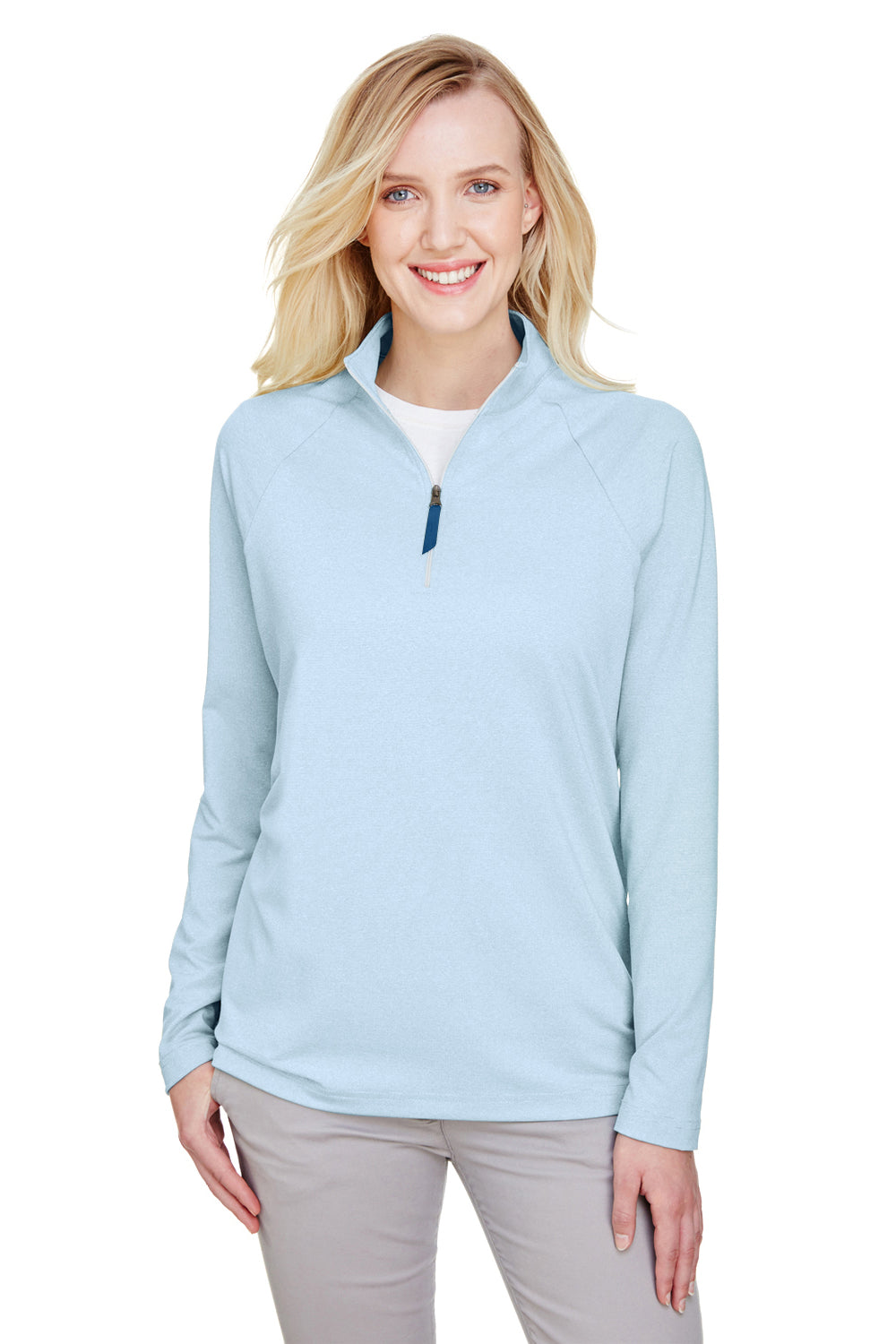 Devon & Jones DG480W Womens CrownLux Clubhouse Performance Moisture Wicking 1/4 Zip Sweatshirt Ocean Blue Model Front