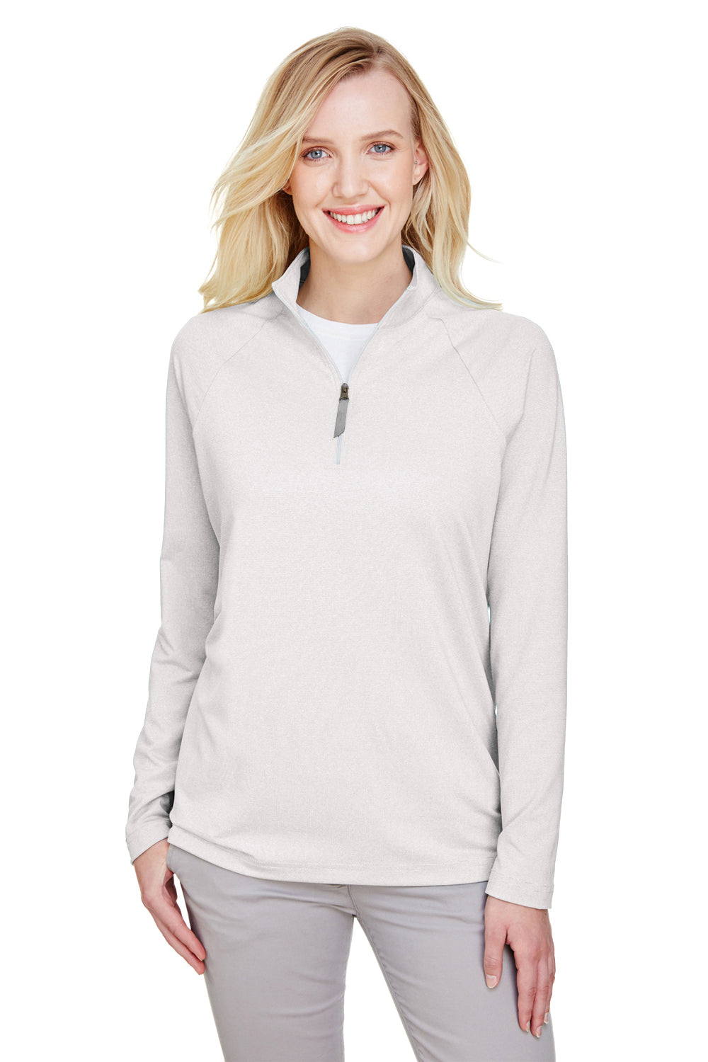 Devon & Jones DG480W Womens CrownLux Clubhouse Performance Moisture Wicking 1/4 Zip Sweatshirt Silver Grey Model Front