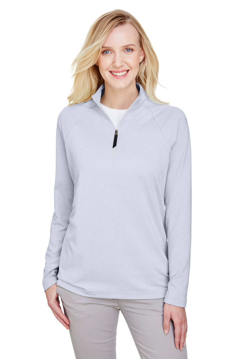 Devon & Jones DG480W Womens CrownLux Clubhouse Performance Moisture Wicking 1/4 Zip Sweatshirt Navy Blue Model Front