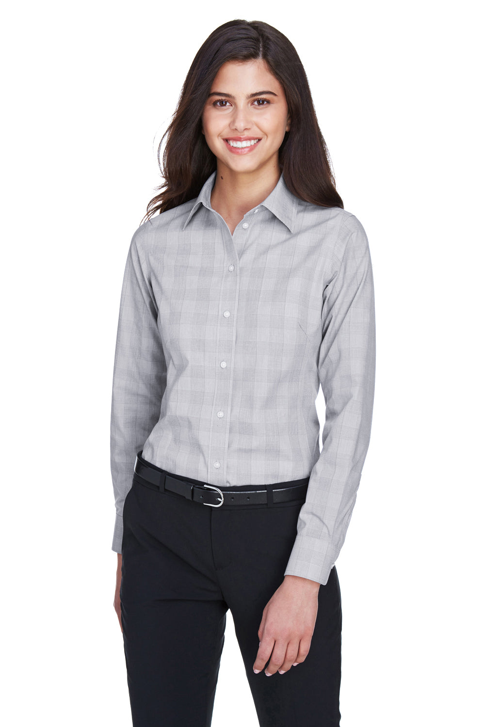 Devon & Jones DG520W Womens Crown Woven Collection Wrinkle Resistant Long Sleeve Button Down Shirt White/Graphite Grey/Light Graphite Model Front