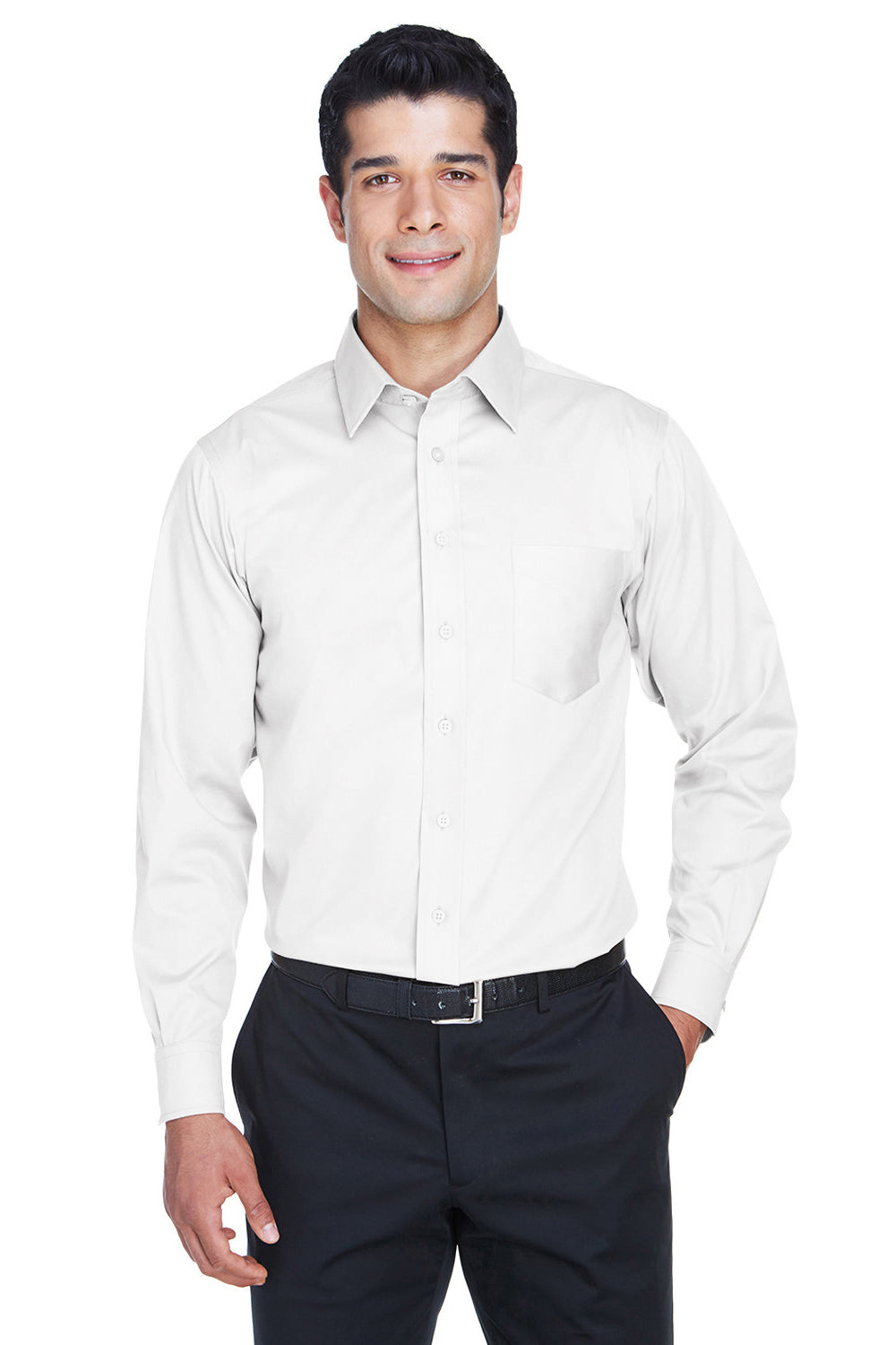 Devon & Jones DG530/DG530T Mens Crown Woven Collection Wrinkle Resistant Long Sleeve Button Down Shirt w/ Pocket White Model Front