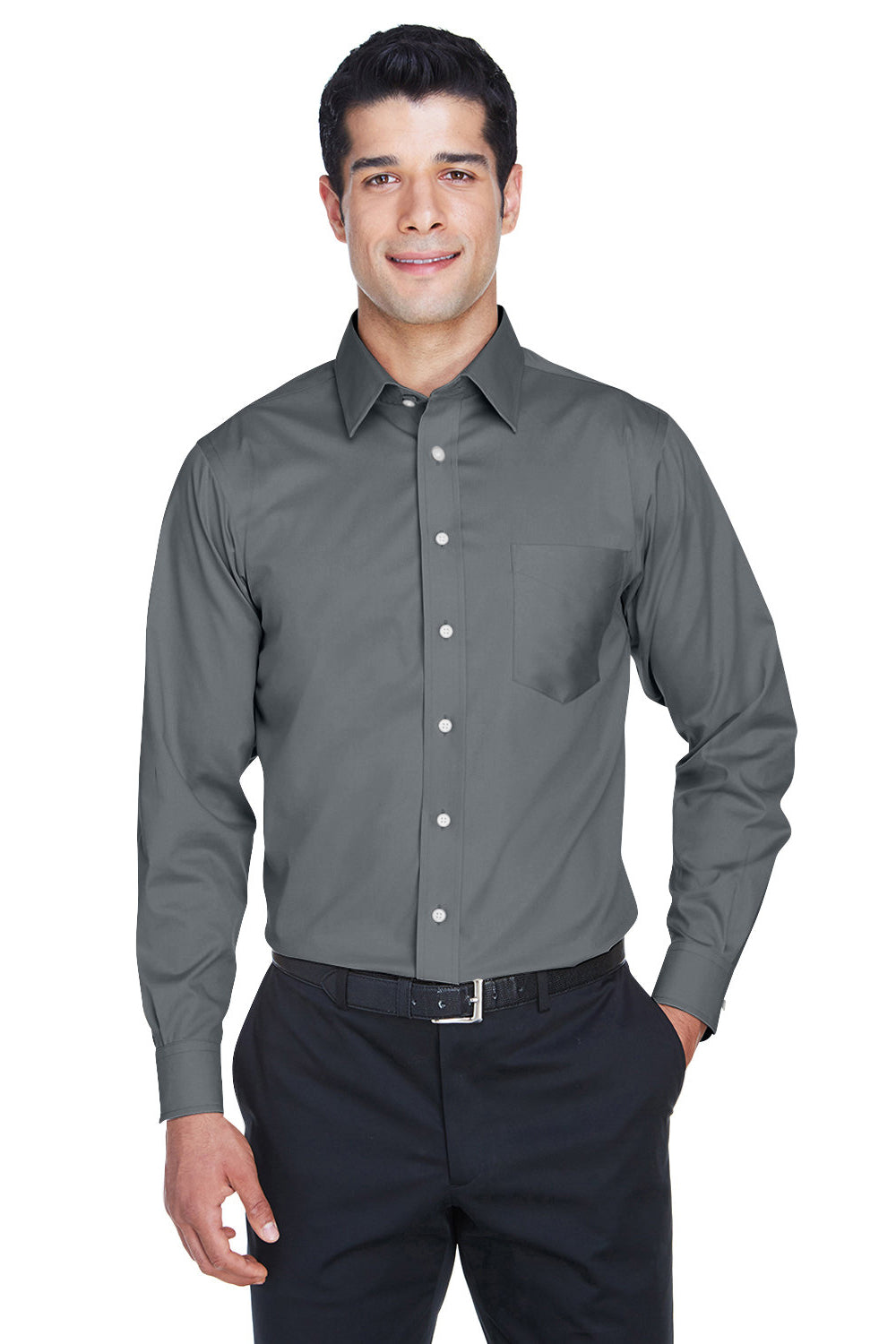 Devon & Jones DG530/DG530T Mens Crown Woven Collection Wrinkle Resistant Long Sleeve Button Down Shirt w/ Pocket Graphite Grey Model Front