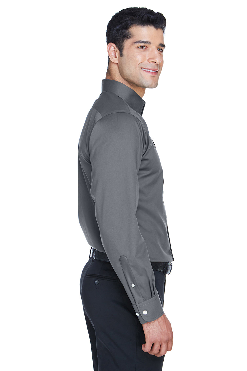 Devon & Jones DG530/DG530T Mens Crown Woven Collection Wrinkle Resistant Long Sleeve Button Down Shirt w/ Pocket Graphite Grey Model Side