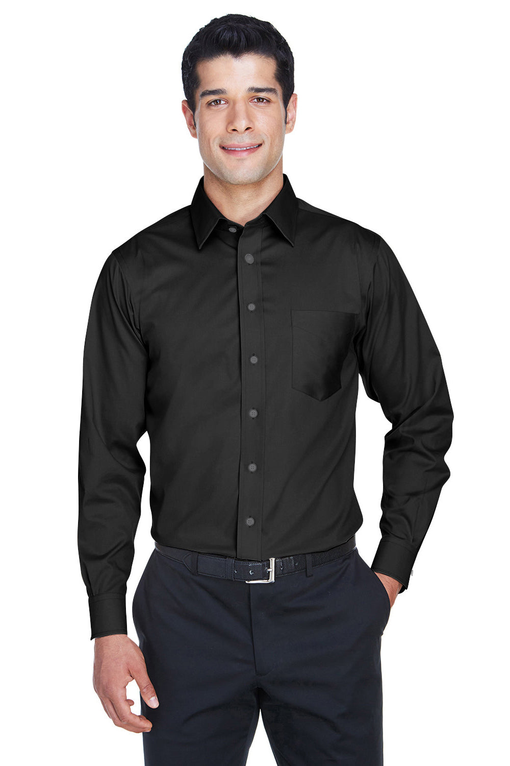 Devon & Jones DG530/DG530T Mens Crown Woven Collection Wrinkle Resistant Long Sleeve Button Down Shirt w/ Pocket Black Model Front