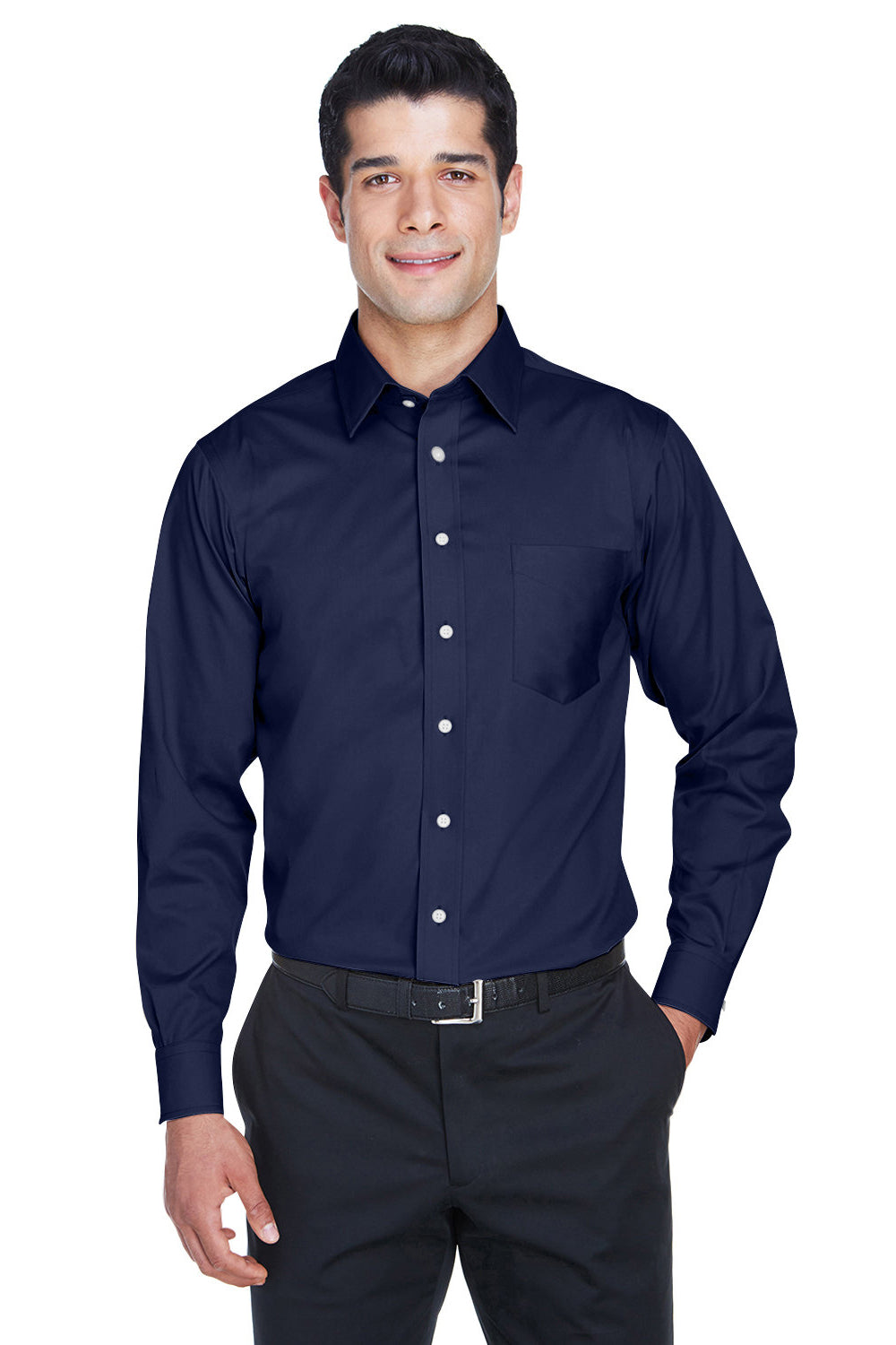 Devon & Jones DG530/DG530T Mens Crown Woven Collection Wrinkle Resistant Long Sleeve Button Down Shirt w/ Pocket Navy Blue Model Front