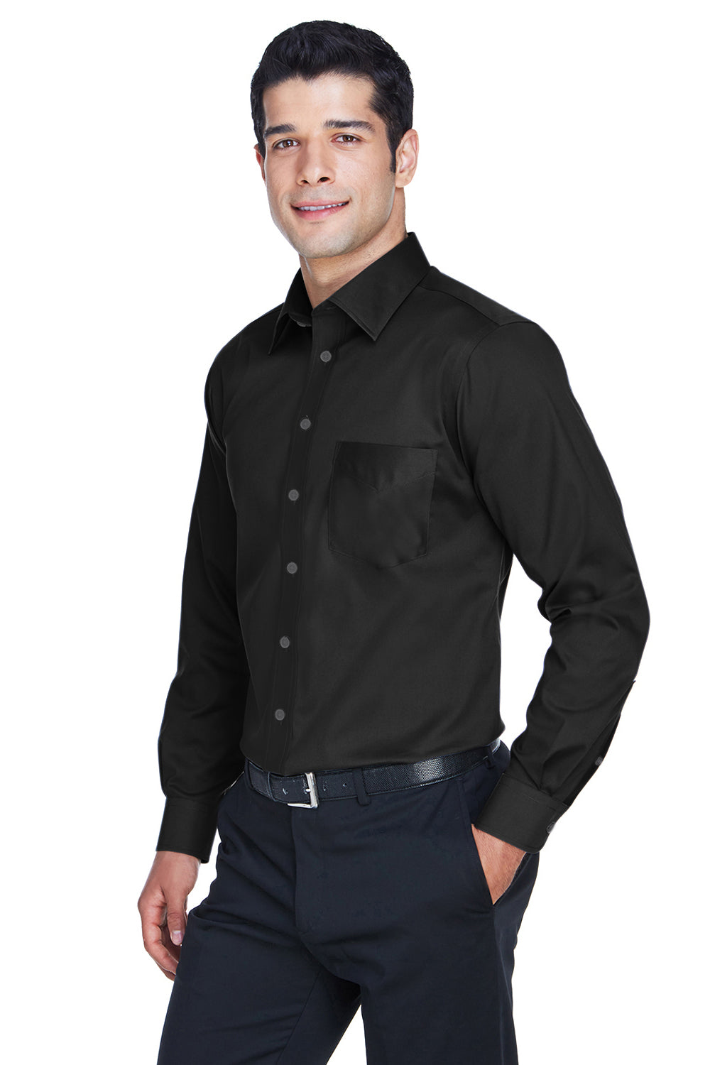 Devon & Jones DG530/DG530T Mens Crown Woven Collection Wrinkle Resistant Long Sleeve Button Down Shirt w/ Pocket Black Model 3q