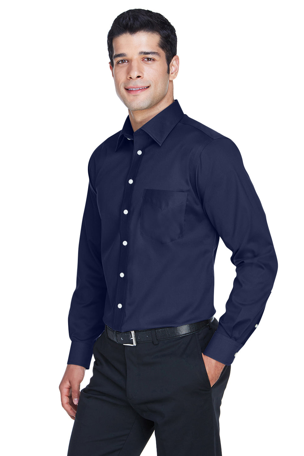 Devon & Jones DG530/DG530T Mens Crown Woven Collection Wrinkle Resistant Long Sleeve Button Down Shirt w/ Pocket Navy Blue Model 3q