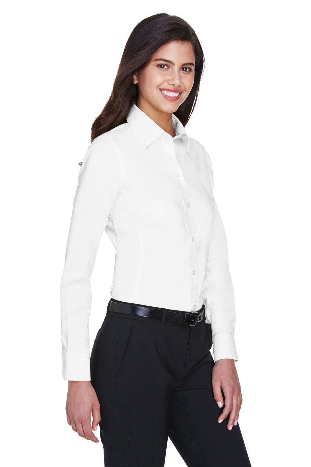 Devon & Jones DG530W Womens Crown Woven Collection Wrinkle Resistant Long Sleeve Button Down Shirt White Model 3q