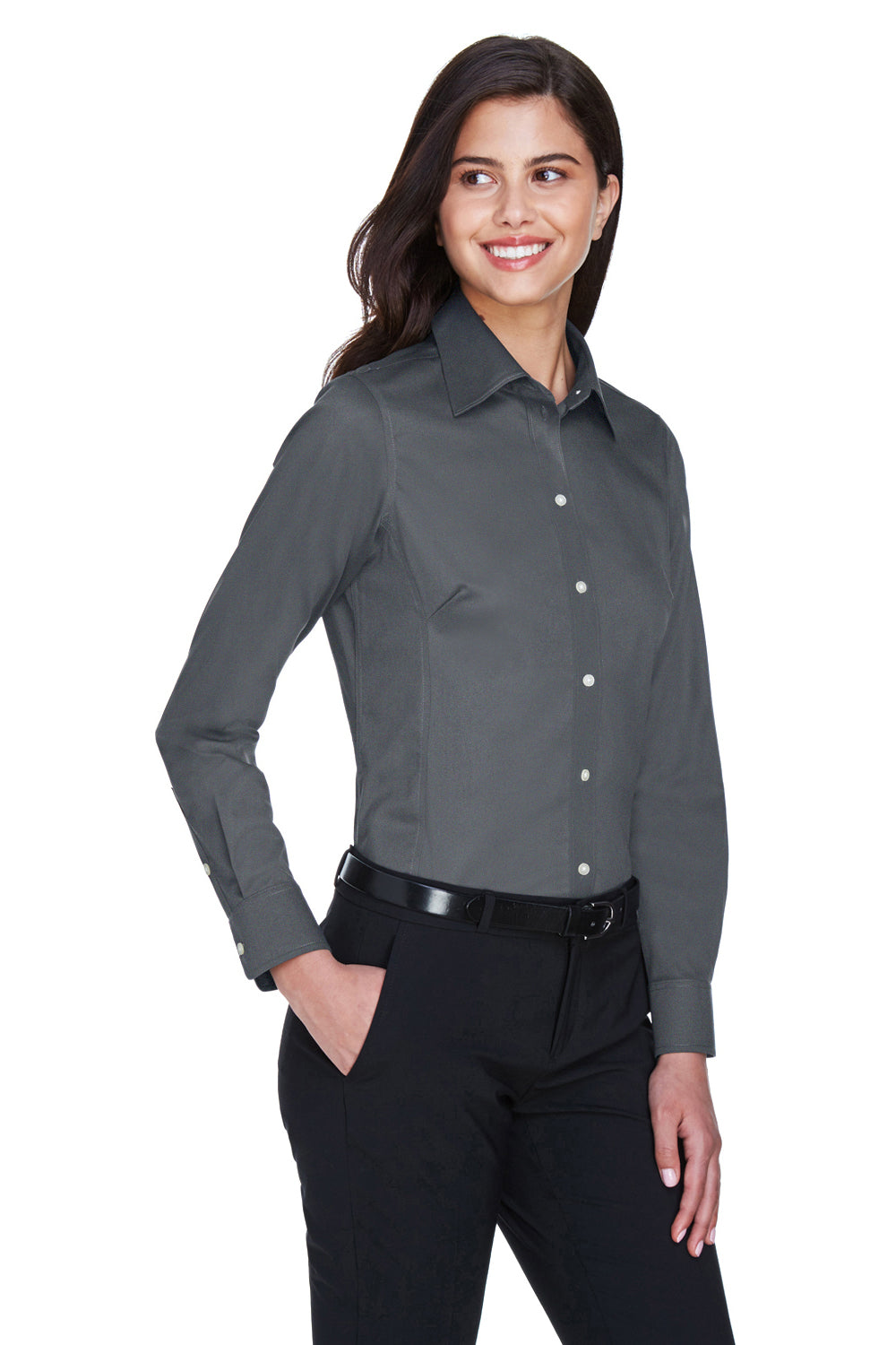 Devon & Jones DG530W Womens Crown Woven Collection Wrinkle Resistant Long Sleeve Button Down Shirt Graphite Grey Model 3q