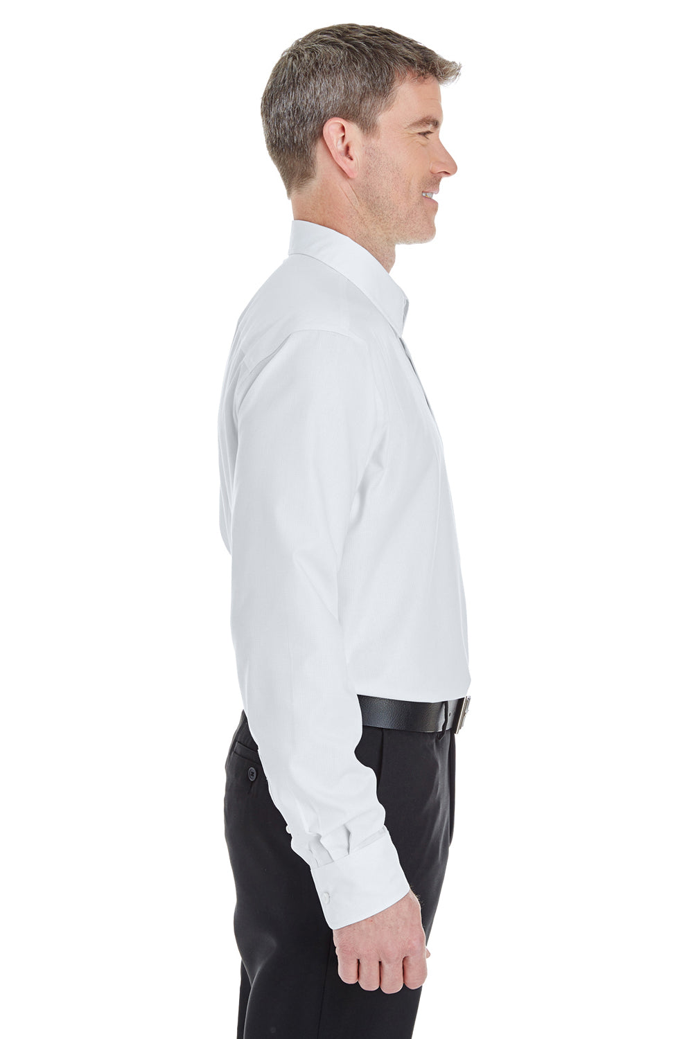 Devon & Jones DG532 Mens Crown Woven Collection Wrinkle Resistant Long Sleeve Button Down Shirt White Model Side