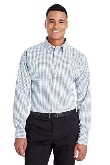 Devon & Jones DG540 Mens CrownLux Performance Moisture Wicking Long Sleeve Button Down Shirt w/ Pocket Navy Blue/White Model Front