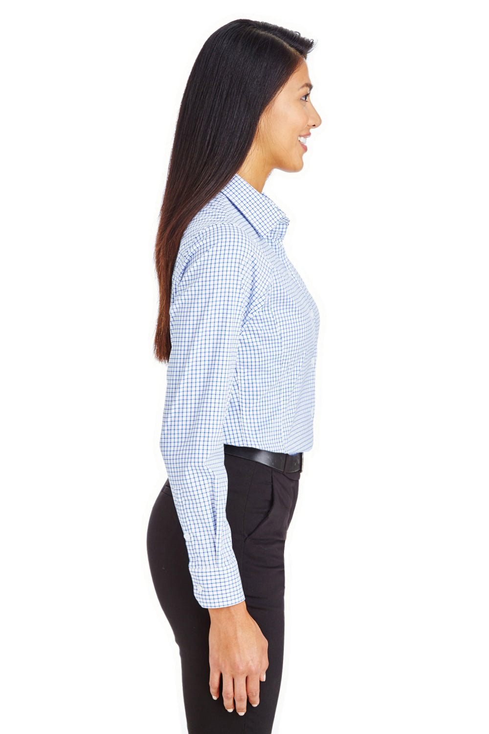 Devon & Jones DG540W Womens CrownLux Performance Moisture Wicking Long Sleeve Button Down Shirt French Blue/White Model Side