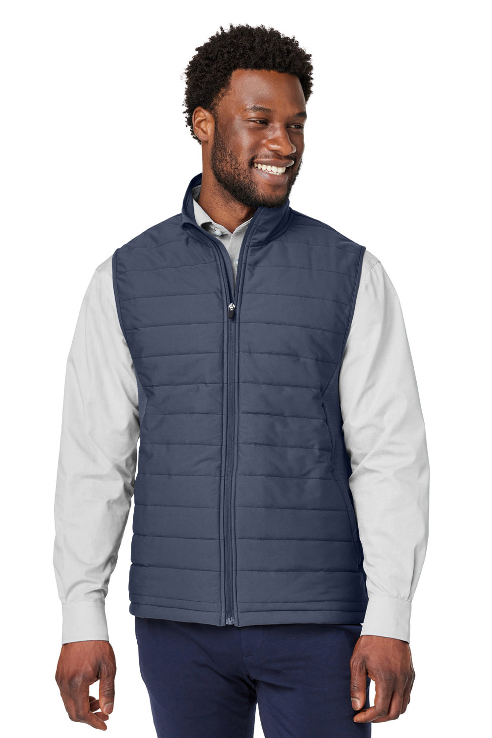 Devon & Jones DG706 Mens New Classics Charleston Hybrid Full Zip Vest Navy Blue Melange Model Front