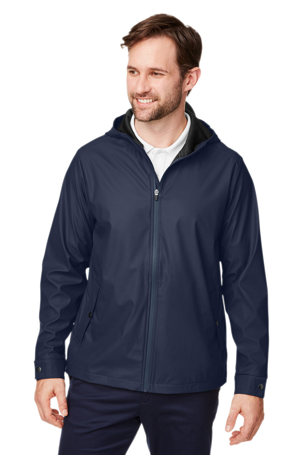 Devon & Jones DG720 Mens New Classics Prescott Water Resistant Full Zip Hooded Rain Jacket Navy Blue Model Front