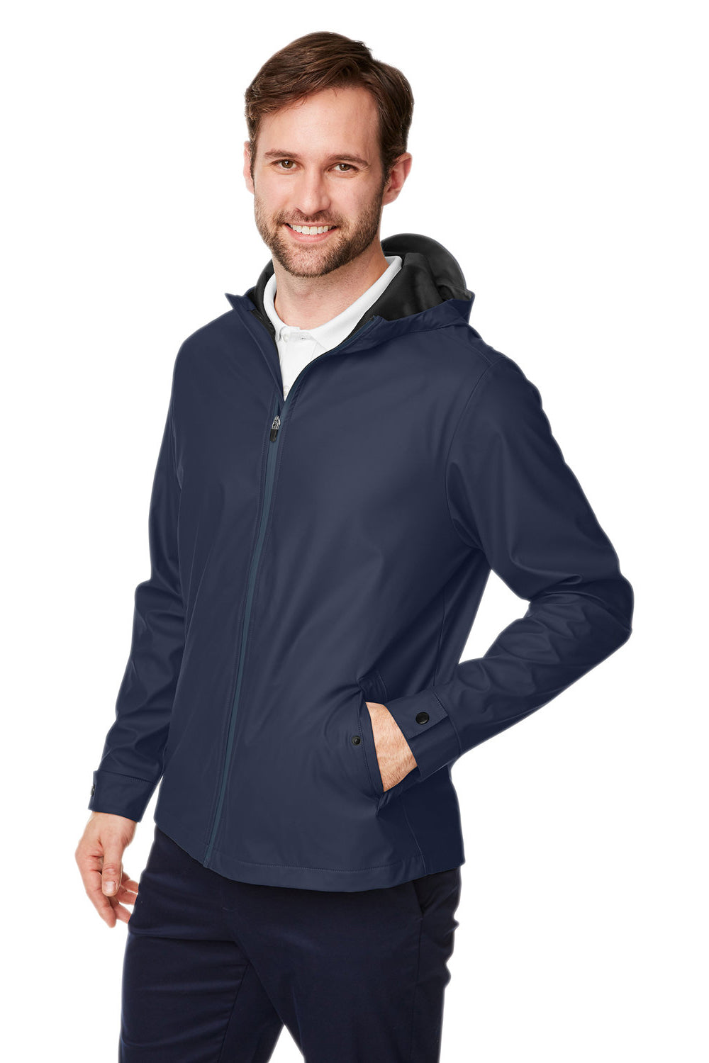 Devon & Jones DG720 Mens New Classics Prescott Water Resistant Full Zip Hooded Rain Jacket Navy Blue Model 3q