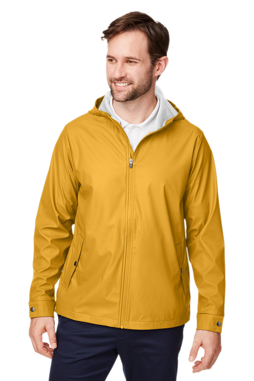 Devon & Jones DG720 Mens New Classics Prescott Water Resistant Full Zip Hooded Rain Jacket Prescott Yellow Model Front