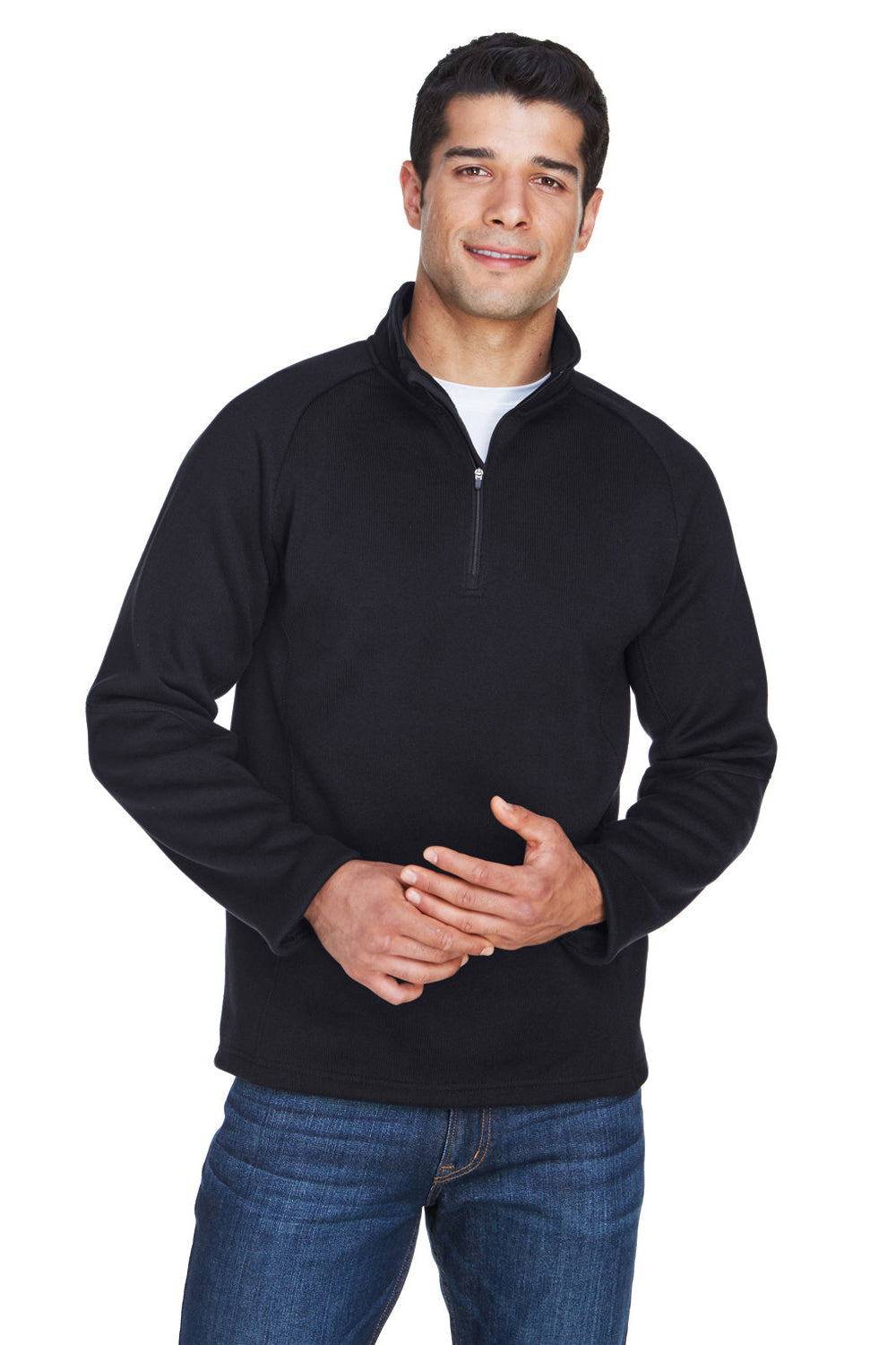 Devon & Jones DG792 Mens Bristol Pill Resistant Sweater Fleece 1/4 Zip Sweatshirt Black Model Front