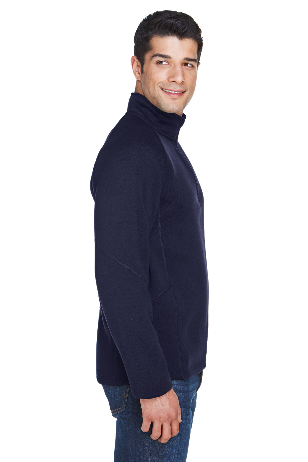 Devon & Jones DG792 Mens Bristol Pill Resistant Sweater Fleece 1/4 Zip Sweatshirt Navy Blue Model Side