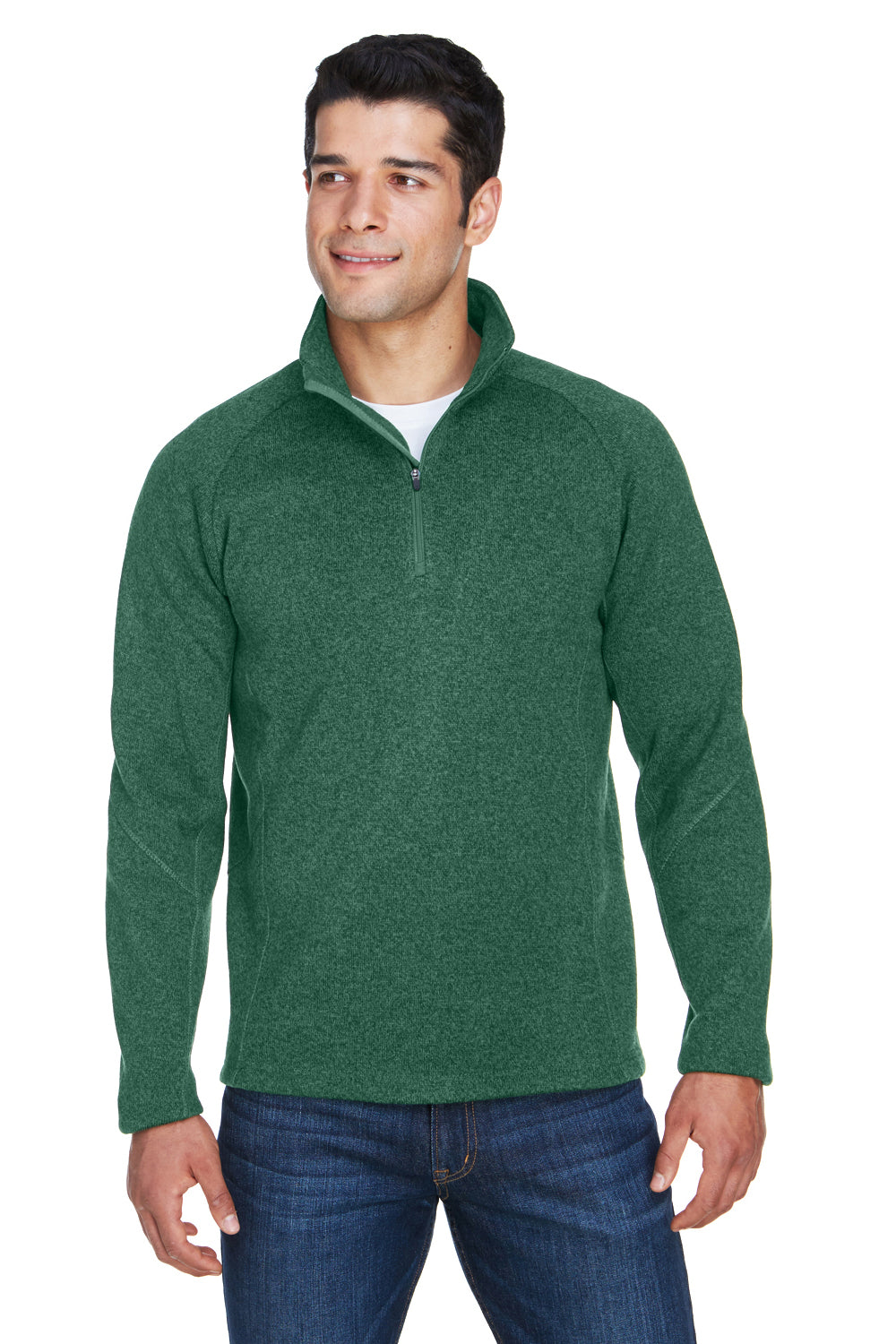 Devon & Jones DG792 Mens Bristol Pill Resistant Sweater Fleece 1/4 Zip Sweatshirt Heather Forest Green Model Front