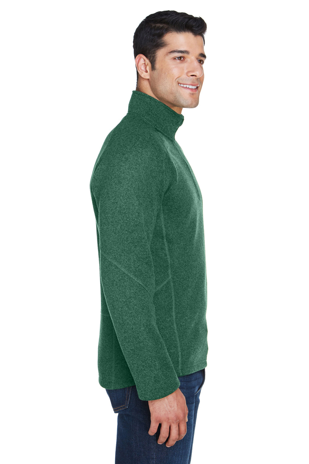 Devon & Jones DG792 Mens Bristol Pill Resistant Sweater Fleece 1/4 Zip Sweatshirt Heather Forest Green Model Side