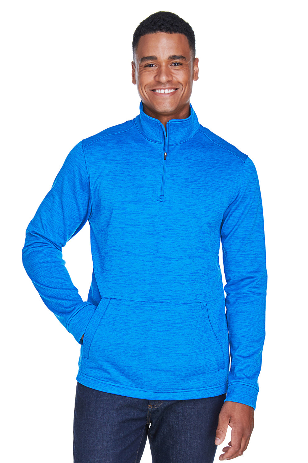 Devon & Jones DG798 Mens Newbury Fleece 1/4 Zip Sweatshirt Heather French Blue Model Front