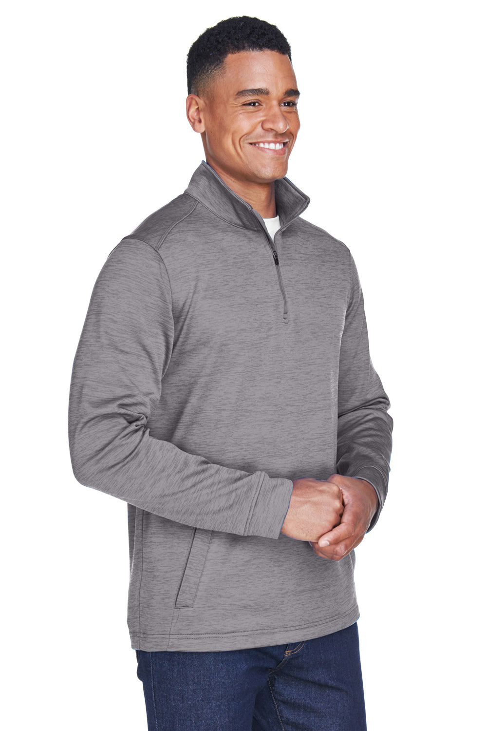 Devon & Jones DG798 Mens Newbury Fleece 1/4 Zip Sweatshirt Heather Dark Grey Model 3q