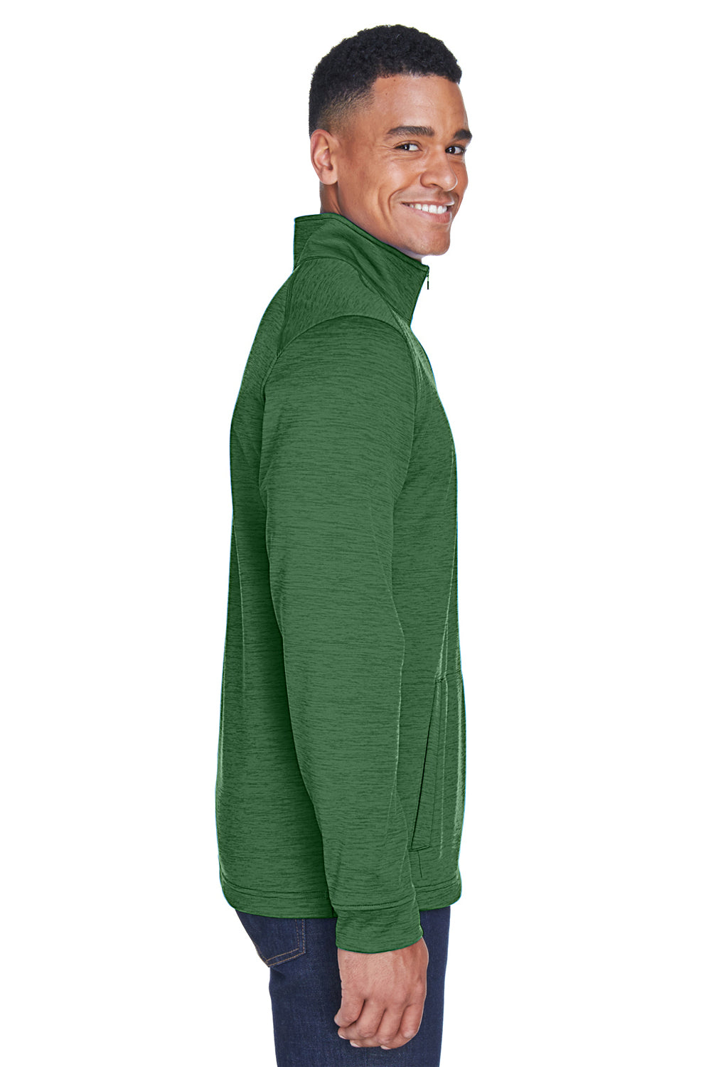 Devon & Jones DG798 Mens Newbury Fleece 1/4 Zip Sweatshirt Heather Forest Green Model Side