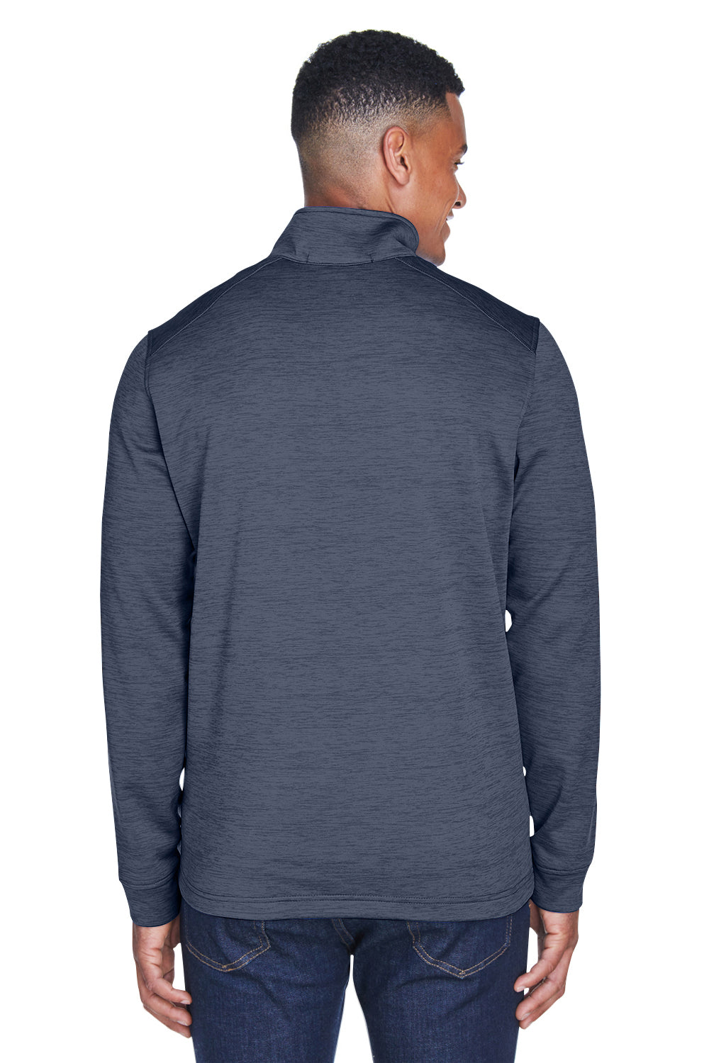 Devon & Jones DG798 Mens Newbury Fleece 1/4 Zip Sweatshirt Heather Navy Blue Model Back