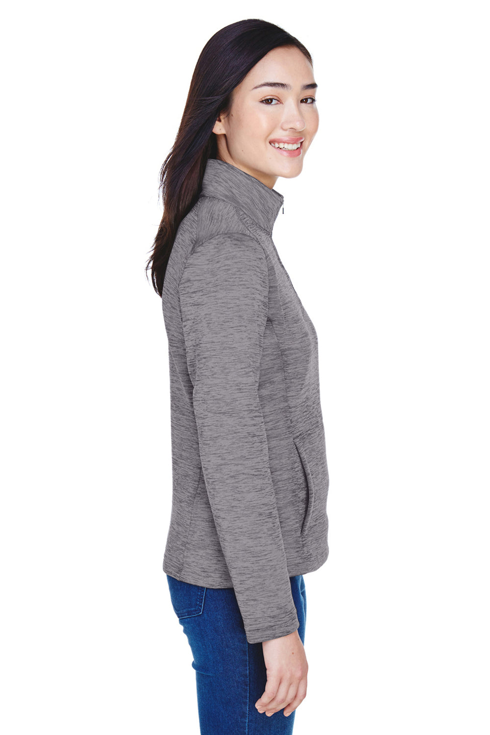 Devon & Jones DG798W Womens Newbury Fleece 1/4 Zip Sweatshirt Heather Dark Grey Model Side