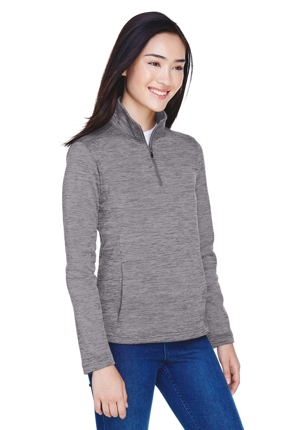 Devon & Jones DG798W Womens Newbury Fleece 1/4 Zip Sweatshirt Heather Dark Grey Model 3q