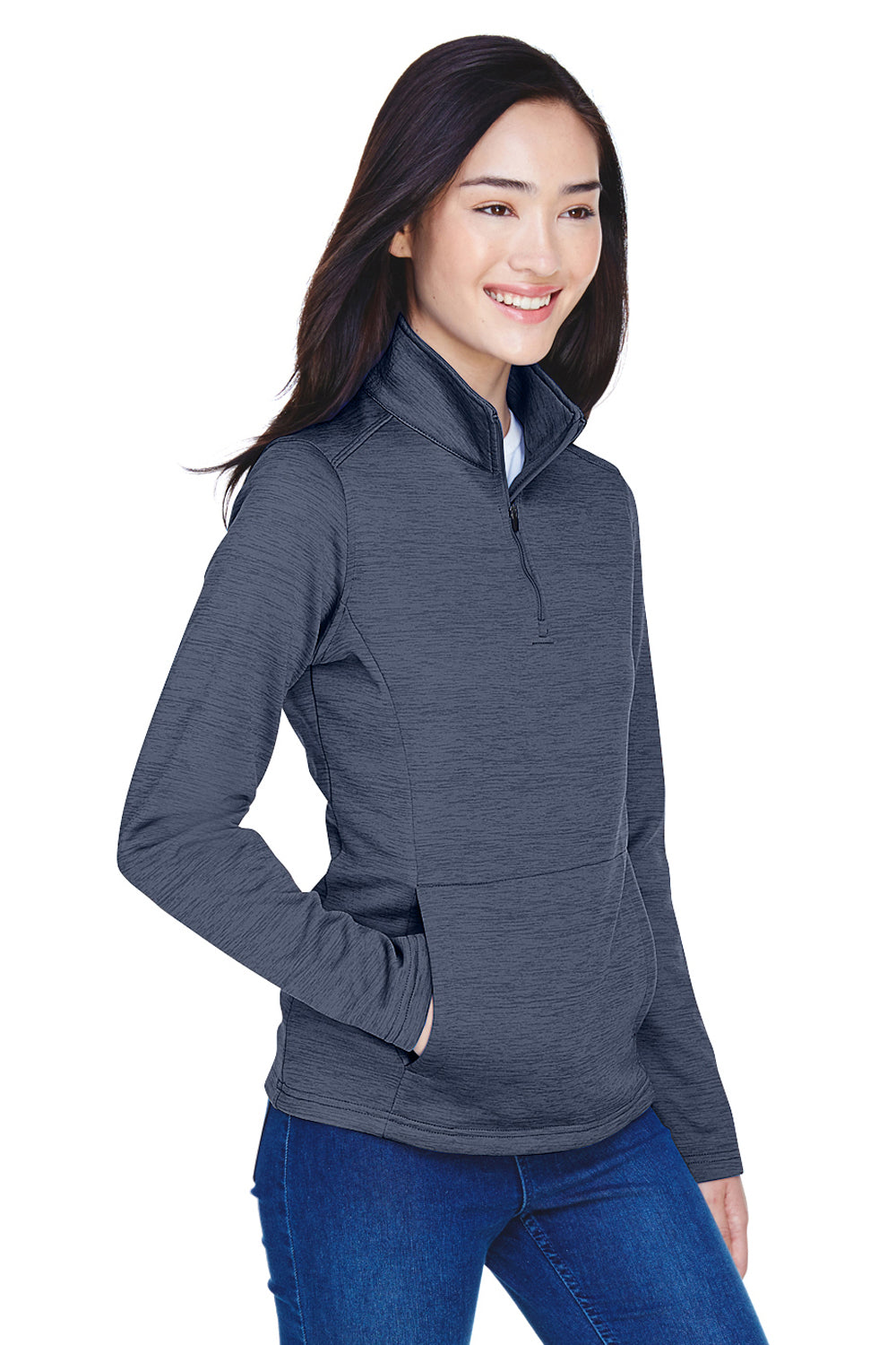 Devon & Jones DG798W Womens Newbury Fleece 1/4 Zip Sweatshirt Heather Navy Blue Model 3q