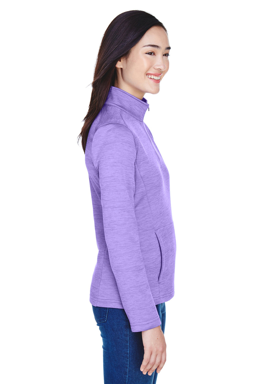 Devon & Jones DG798W Womens Newbury Fleece 1/4 Zip Sweatshirt Heather Grape Purple Model Side