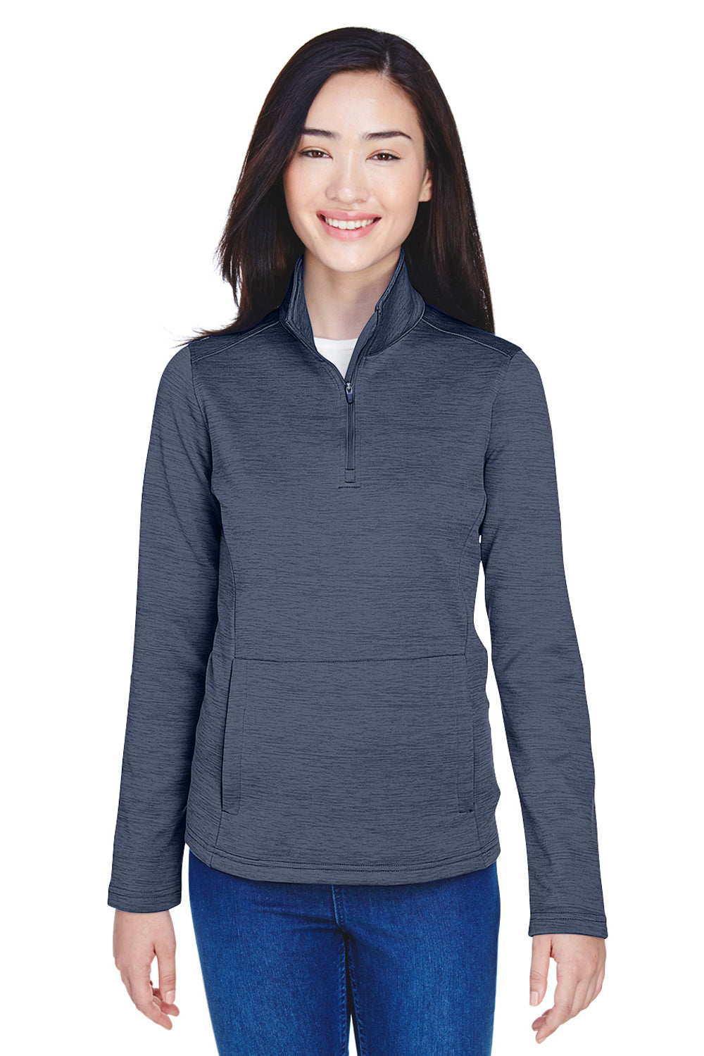 Devon & Jones DG798W Womens Newbury Fleece 1/4 Zip Sweatshirt Heather Navy Blue Model Front