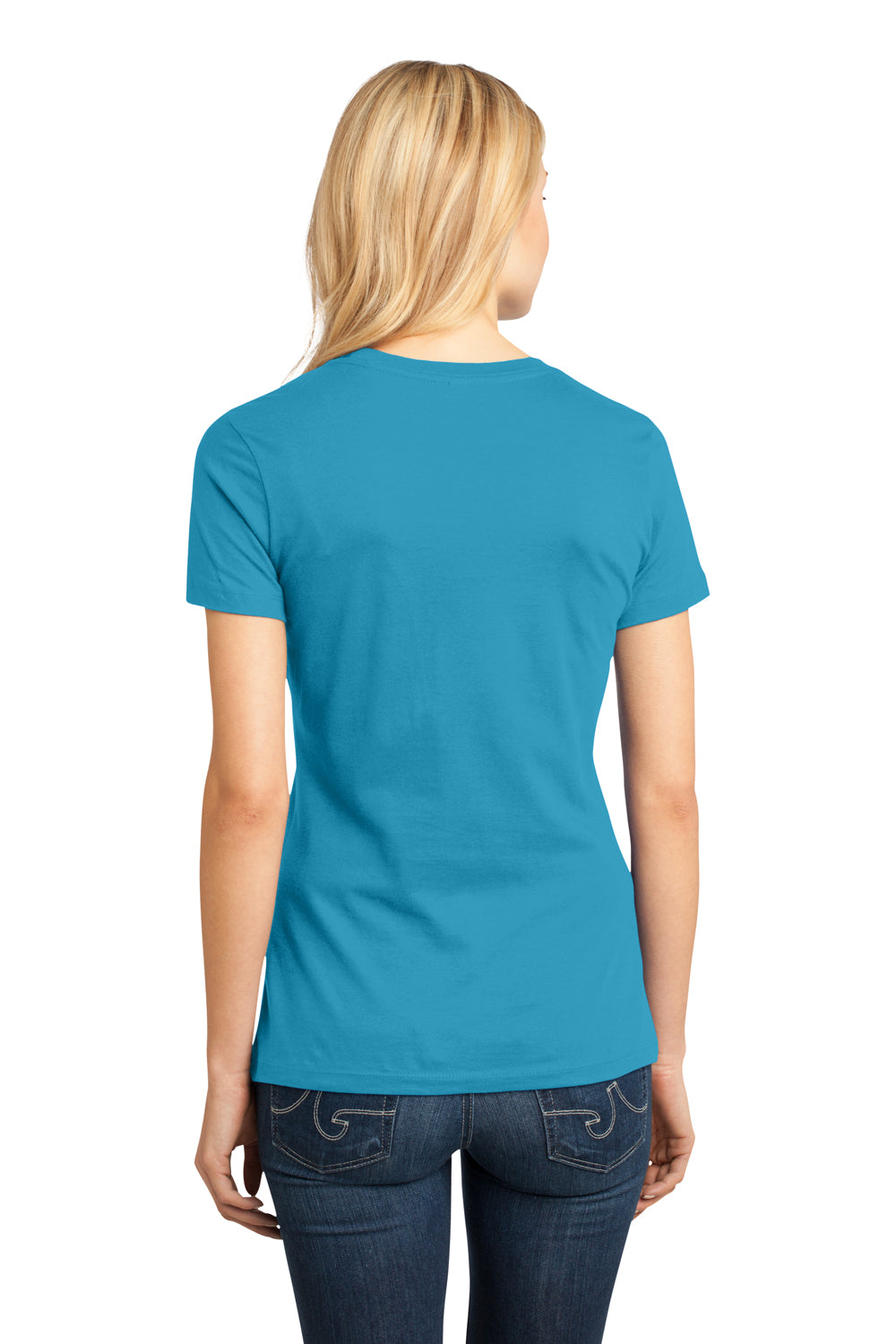 District DM104L Womens Perfect Weight Short Sleeve Crewneck T-Shirt Bright Turquoise Blue Model Back