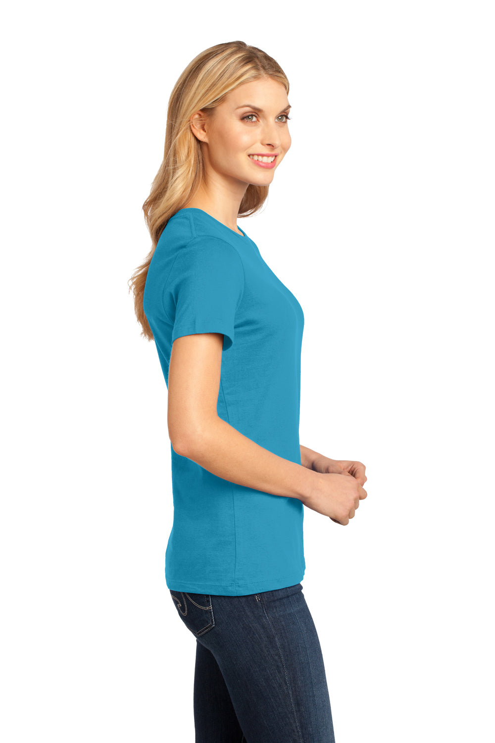 District DM104L Womens Perfect Weight Short Sleeve Crewneck T-Shirt Bright Turquoise Blue Model Side