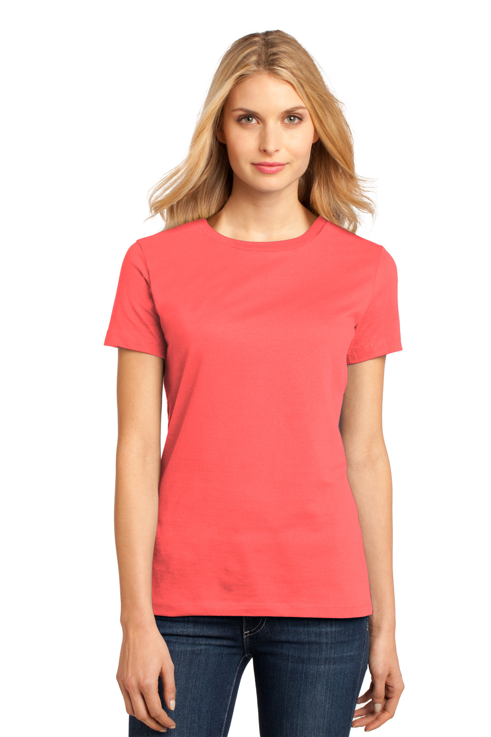 District DM104L Womens Perfect Weight Short Sleeve Crewneck T-Shirt Coral Model Front