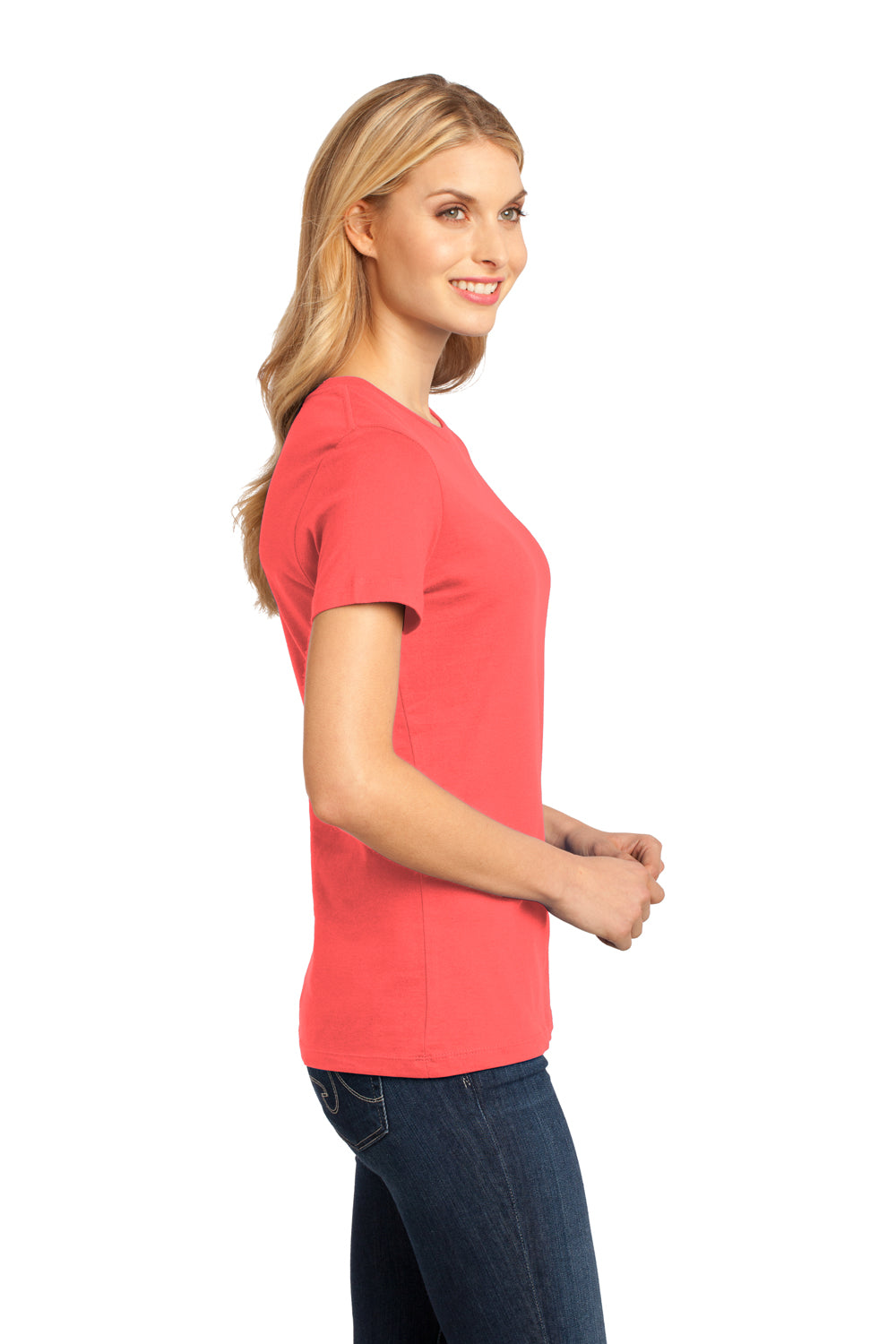 District DM104L Womens Perfect Weight Short Sleeve Crewneck T-Shirt Coral Model Side