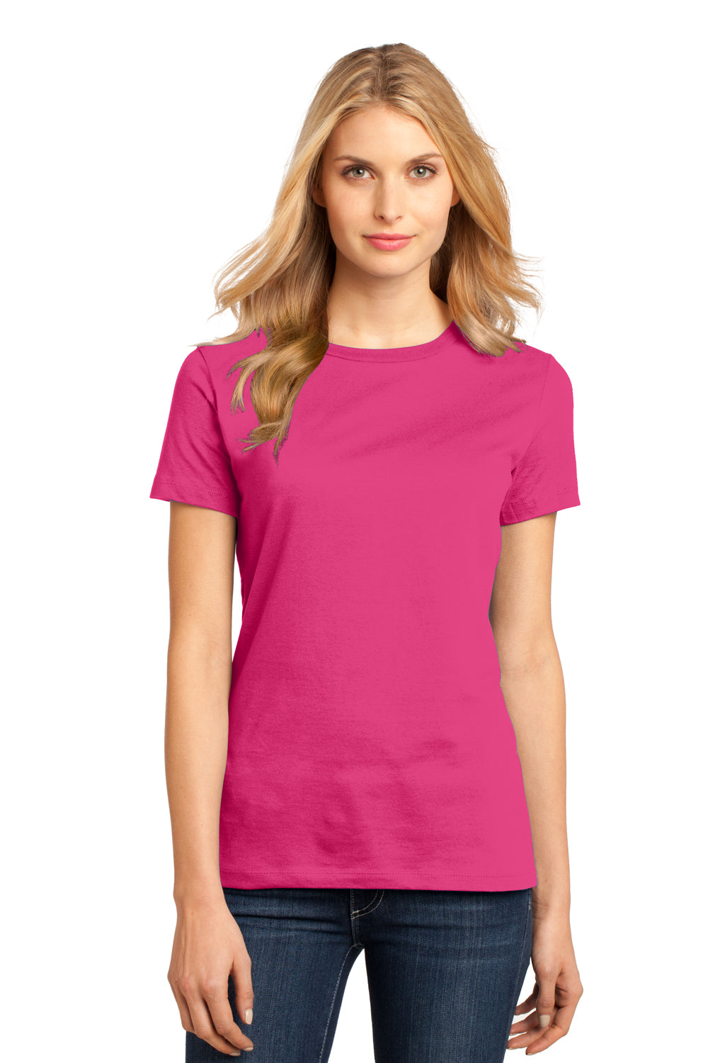 District DM104L Womens Perfect Weight Short Sleeve Crewneck T-Shirt Dark Fuchsia Pink Model Front