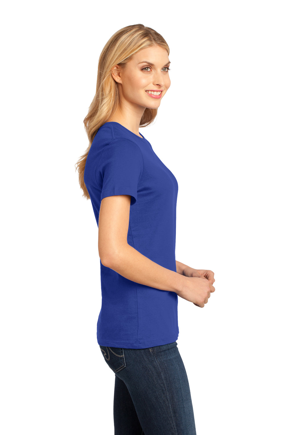 District DM104L Womens Perfect Weight Short Sleeve Crewneck T-Shirt Deep Royal Blue Model Side