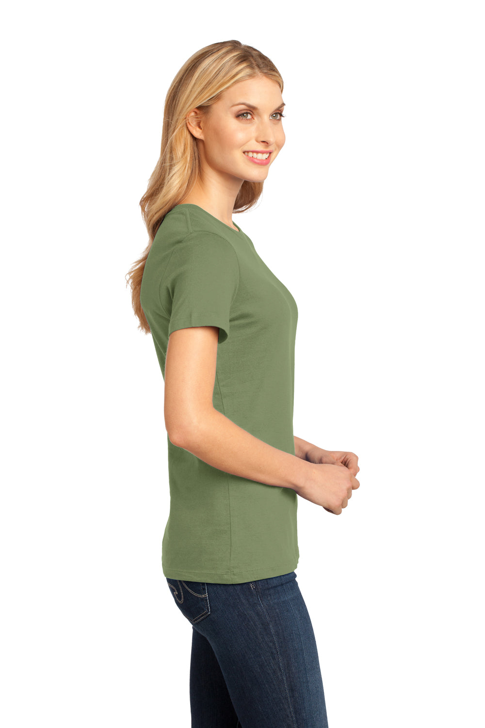 District DM104L Womens Perfect Weight Short Sleeve Crewneck T-Shirt Fresh Fatigue Green Model Side