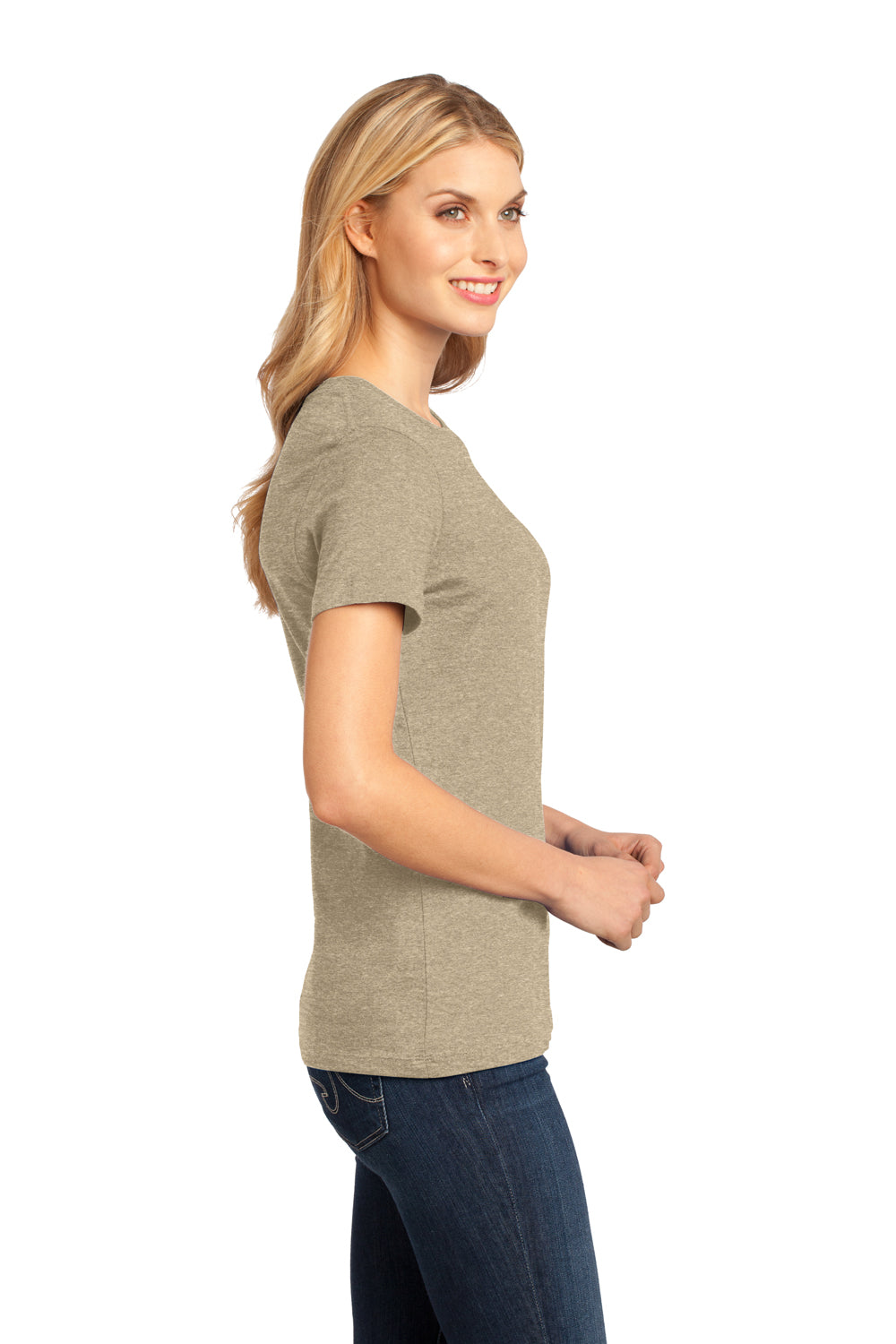 District DM104L Womens Perfect Weight Short Sleeve Crewneck T-Shirt Heather Latte Model Side