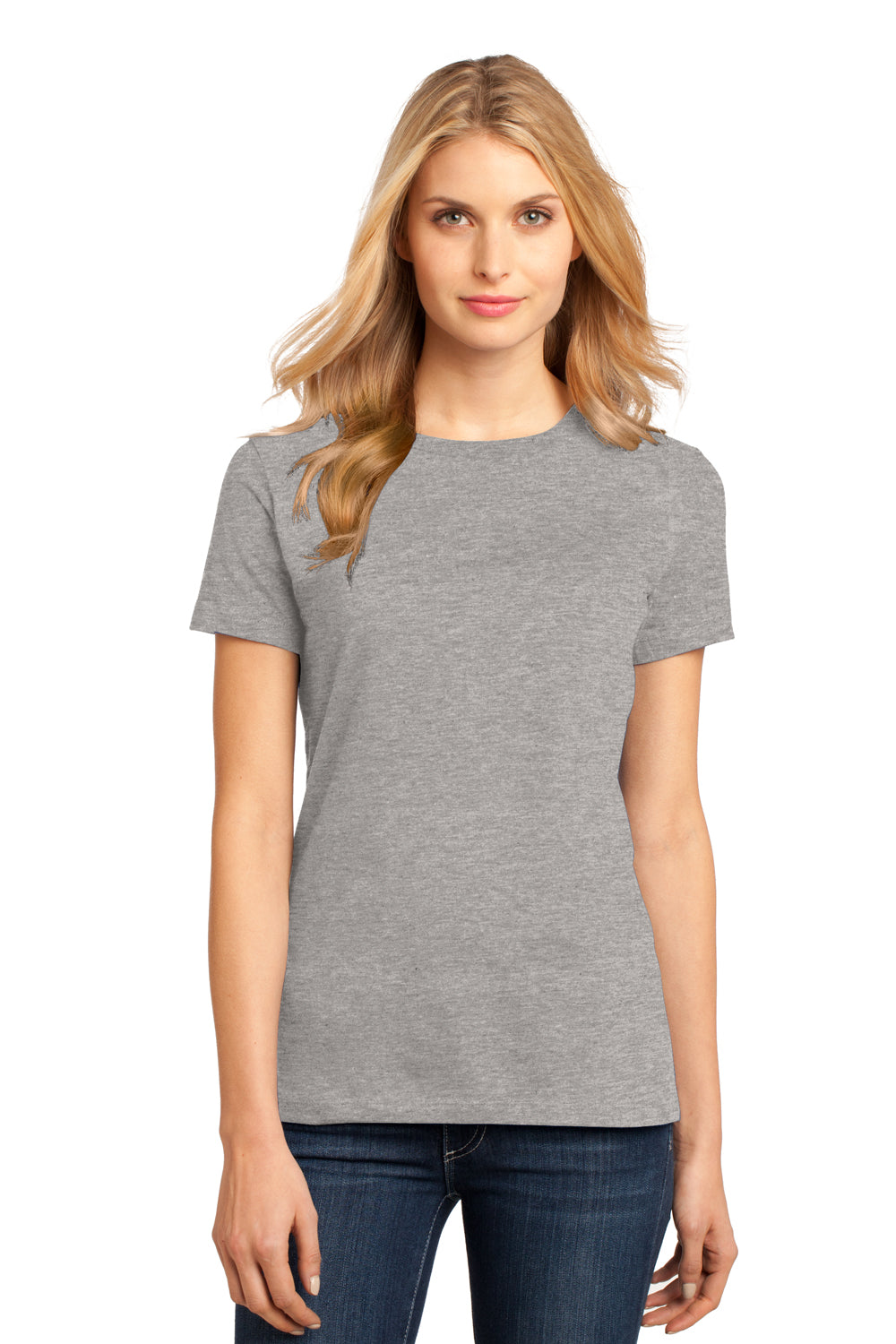 District DM104L Womens Perfect Weight Short Sleeve Crewneck T-Shirt Heather Steel Grey Model Front