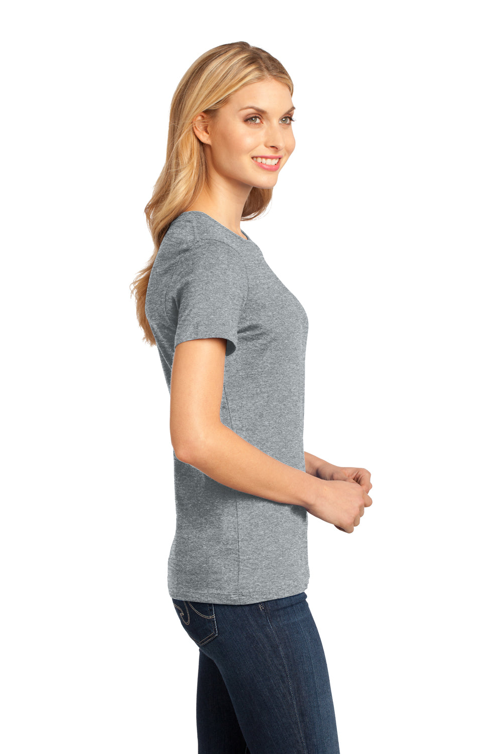 District DM104L Womens Perfect Weight Short Sleeve Crewneck T-Shirt Heather Steel Grey Model Side