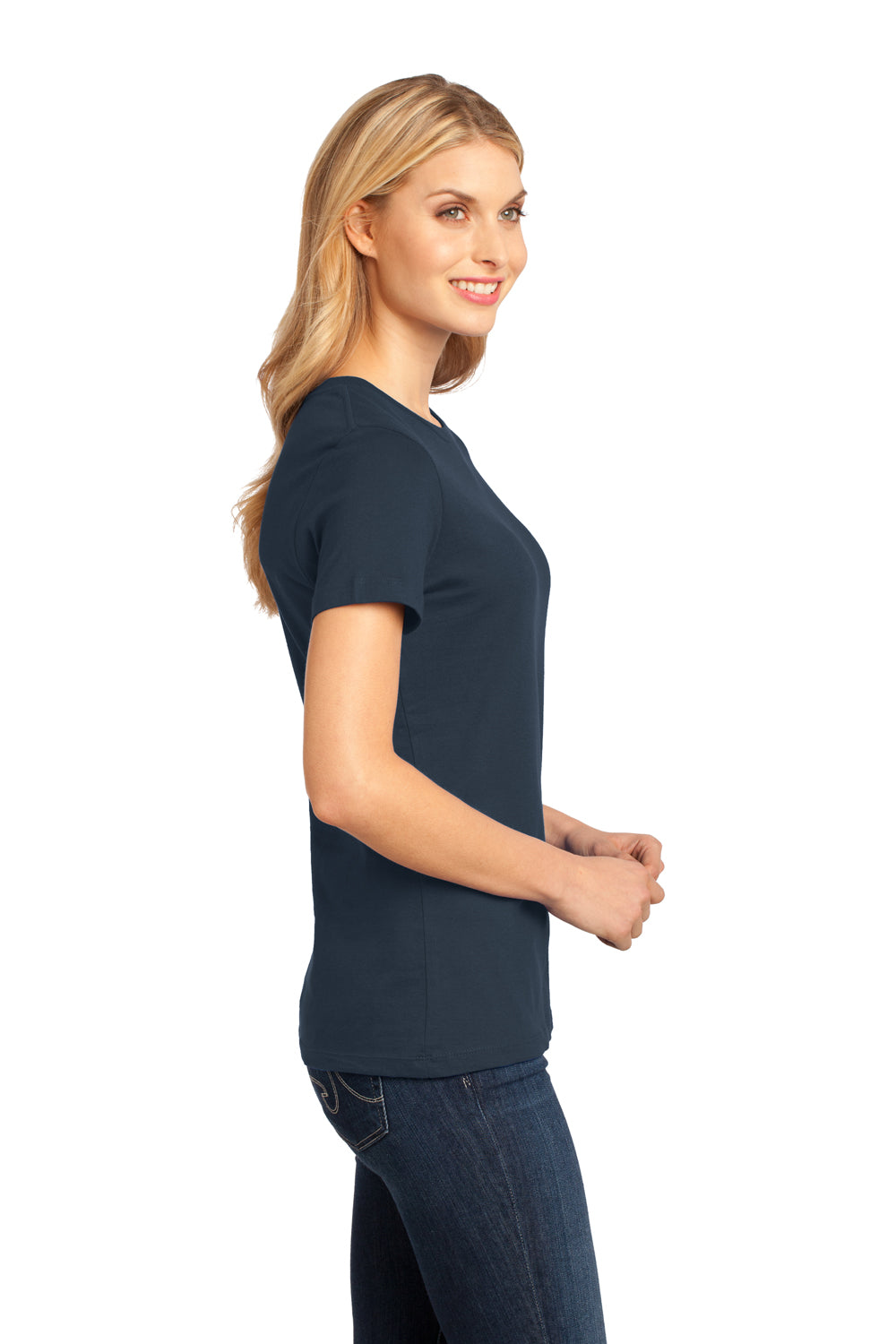 District DM104L Womens Perfect Weight Short Sleeve Crewneck T-Shirt New Navy Blue Model Side