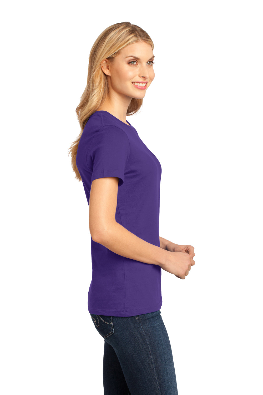 District DM104L Womens Perfect Weight Short Sleeve Crewneck T-Shirt Purple Model Side