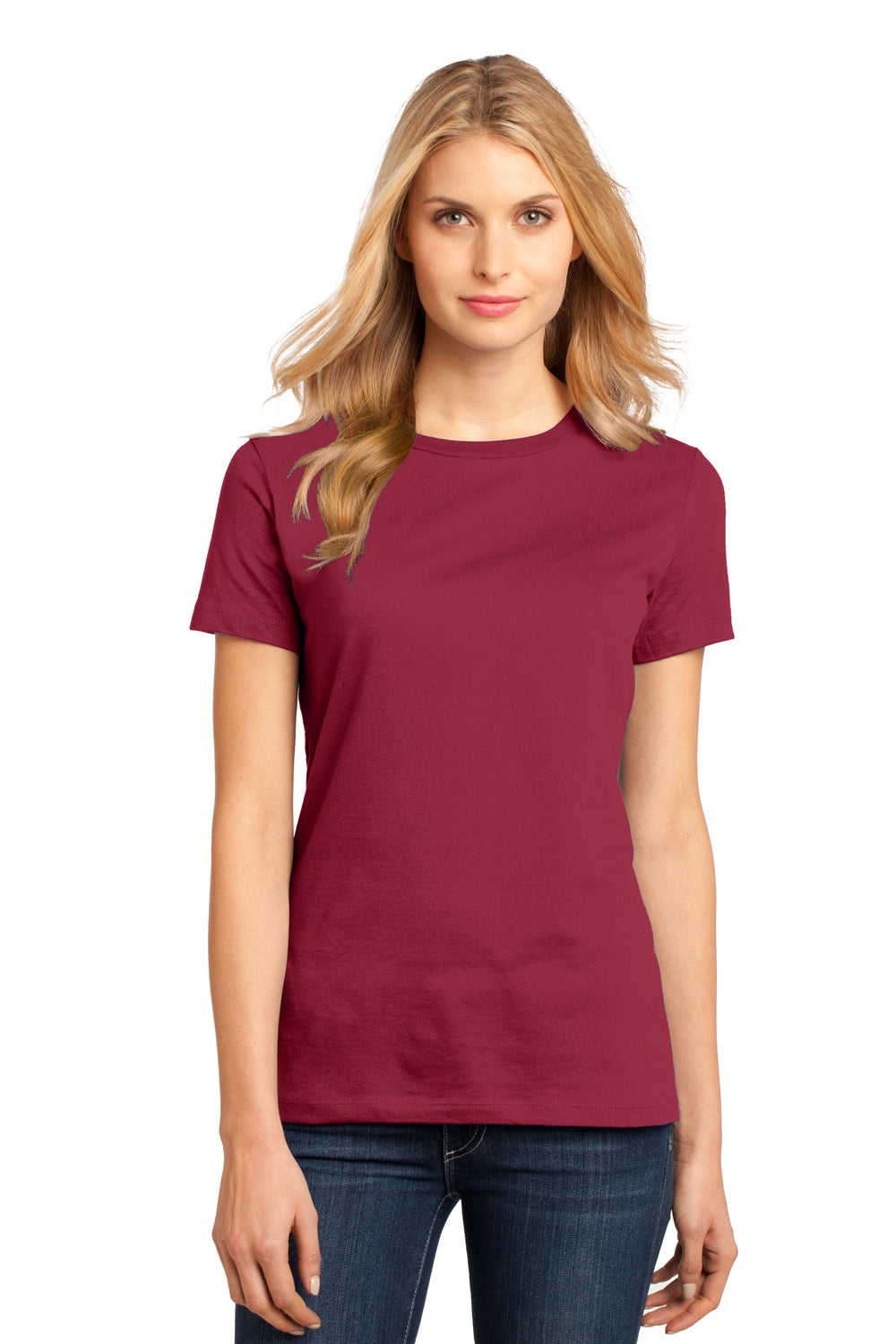 District DM104L Womens Perfect Weight Short Sleeve Crewneck T-Shirt Sangria Red Model Front